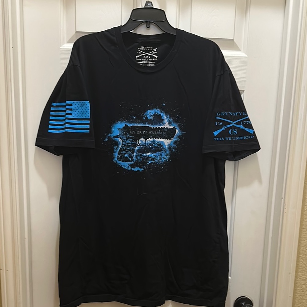Grunt Style Black and Blue Short Sleeve Tee with Graphic Design